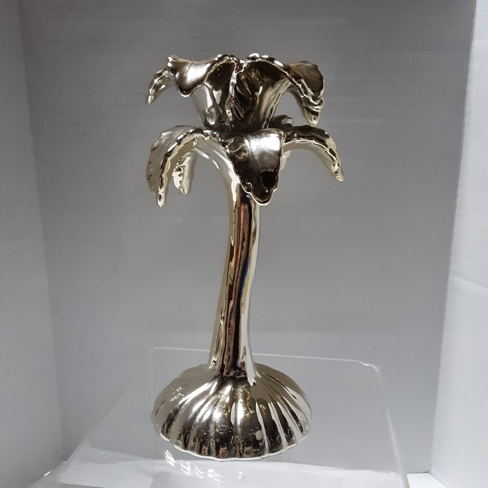 Fitz & Floyd Vintage Palm Tree Gold Painted Candle Holder 7" Candlestick RARE